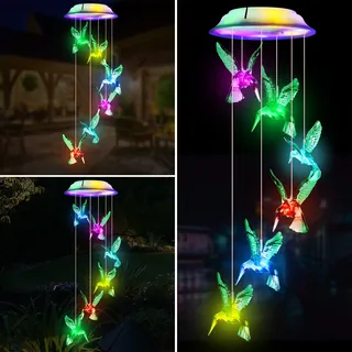 Windspiel Solar Kolibris Windspiele für Draußen, Solarleuchten LED Mobile Windspiele Farbwechsel Wasserdicht Haengende Gartenlampe Außen für Garten Hof Rasen Wege Balkon Terrasse Party Deko