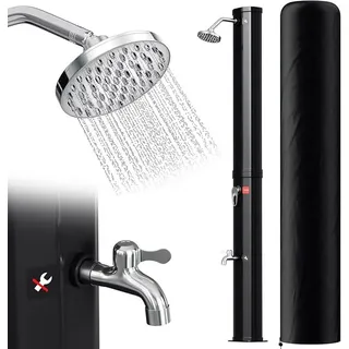 solardusche Garten 35 L | 217cm | gartendusche solar | warmes Wasser max. 60°C | Pooldusche mit Regenduschkopf und Wasserhahn | Außenduscheohne Stromansc hluss | Inkl. Schutzhaube | Schwarz - Weiß