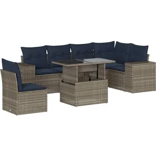 vidaXL 7-teiliges Gartensofa-Set mit Kissen, grau, Polyrattan - Grau
