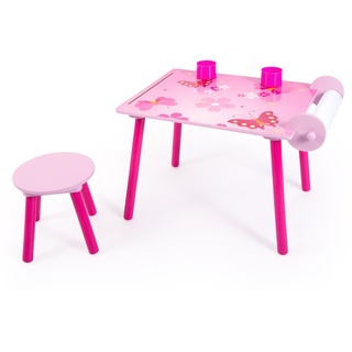 Homestyle4u 1125 Kindersitzgruppe Schmetterling Blumen , Kindermöbel Set aus 1 Kindertisch 1 Hocker , Holz Rosa Pink