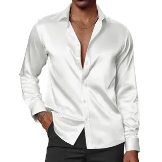 PJ PAUL JONES Herren Glänzende Satin Kleid Shirts Langarm Button Down Seide Hemd mit Fliege, Weiss/opulenter Garten, Mittel