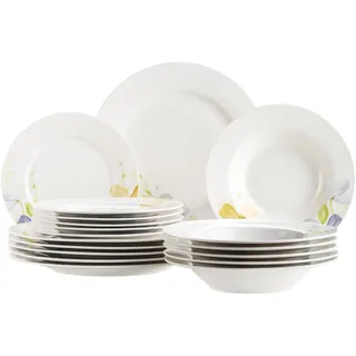 Mäser 934497 Serie Zibal, Teller Set für 6 Personen, 18-teiliges Geschirrset mit Speiseteller, Suppenteller, Dessertteller; florales Blumenmuster, Porzellan, weiß