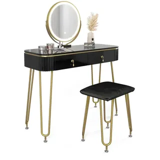 Vicco Schminktisch Grace Schwarz Hochglanz LED-Spiegel Hocker 100x126 cm modern Schlafzimmer Kommode Schublade Ablage Aufbewahrung Kosmetiktisch Schminkkonsole Make-Up-Tisch