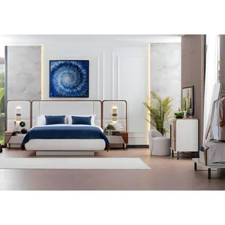 Schlafzimmer Garnitur Doppelbett Schminktisch Weiß 7tlg Stoff Tische - Weiß