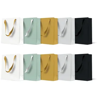PAW - Geschenktüten 10 x 12 x 6,5cm - 10 Stück Kleine Geschenktaschen mit Stoffhenkeln | Mix aus 5 Uni-Farben | Elegante Taschen für Geburtstage, Hochzeiten, Babypartys, Partys und Geschenke