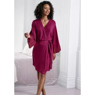 Kimono LASCANA, Damen, Gr. 32/34, rot (bordeaux rot), Obermaterial: 95% Viskose, 5% Elasthan. Spitze: 90% Polyamid, 10% Elasthan, Kurzform, Hausmäntel Kimono, Schöne Spitzendetails