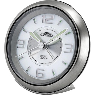 PRIM Steel Wecker Modern Alarm Clock, Metall und Kunststoff, Silber/Weiß, LED Nachtlicht, Analog, Quarz-Uhrwerk Sweep, Lauter Alarm, Snooze, Schlummerfunktion Nachttisch Dekoration