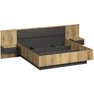 trendteam Schlafen Bettanlage Esteban inkl. Nachttischen/Kopfteil/Beleuchtung, Artisan Eiche Melamin/Anthrazit, B/H/T 302/97/204 - Grau, Braun