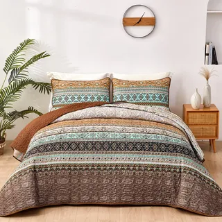 WONGS BEDDING Tagesdecke 220x240 Bettüberwurf Boho Decke Steppdecke 3 Teilig Doppelbett Gesteppt Bettdecke Mikrofaser Wohndecke mit 2 Kissenbezug 50x75 für Schlafzimmer als Sofaüberwurf (Braun)