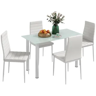 Homcom 5-Tlg. Essgruppe, Esstisch mit 4 Stühlen, Küchentisch mit Hartglasplatte Weiß , Kunststoff , 60x97x120 cm , Esszimmer, Bänke, Tischgruppen & Eckbankgruppen
