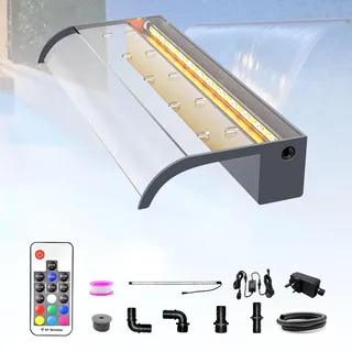 LONGRUN 60cm Teich Wasserfall Klingen Set, Acryl Gebogener Wasserfall Überlauf, Außenpool Brunnen mit 7 Farben LED Lichtern und Fernbedienung, Breite 26cm