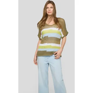 Strickpullover RABE, Damen, Gr. 44, thymian, Strick, Obermaterial: 58% Baumwolle, 30% Polyacryl, 6% Polyamid, 3% Polyester, 2% sonstige Fasern, 1% metallisierte Fasern, gestreift, normal Po-bedeckend, Rundhals, Bündchen, Pullover Strickpullover, Halbarm mit Colorblocking-Streifen und im Häkel-Look