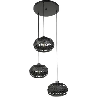 EGLO Cluster Hängelampe Towcester, 3-flammige Pendelleuchte über Esstisch, Boho Deckenlampe hängend aus Bambus und Metall in Schwarz, E27 Fassung, Ø 35 cm