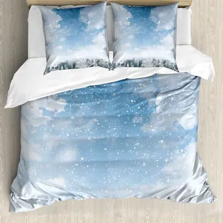 ABAKUHAUS Winter Bettbezug, Schnee, der in New York, Milbensicher Allergiker geeignet mit Kissenbezügen, 200 cm x 200 cm - 80 x 80 cm, Blau, Grau, Weiß - Blau