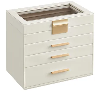 Songmics Schmuckkästchen, Schmuckkasten mit 4 Ebenen, Schmuckbox mit Glasdeckel, 3 Schubladen, für Sonnenbrillen, große Schmuckstücke, Schmuckaufbewahrung, modern, wolkenweiß-golden JBC161W01
