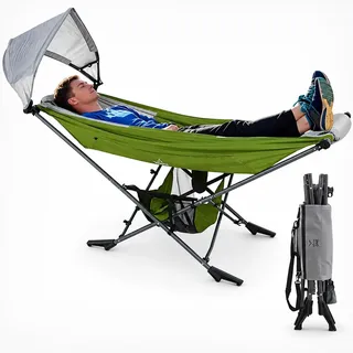 LET'S CAMP Hängematte mit Gestell, Mock ONE® freistehende Garten-Hängeliege mit UPF 50+ Sonnendach, 210T Fallschirmnylon, Stahlrahmen bis 113kg, klappbar & tragbar für Garten/Balkon/Terrasse/Camping