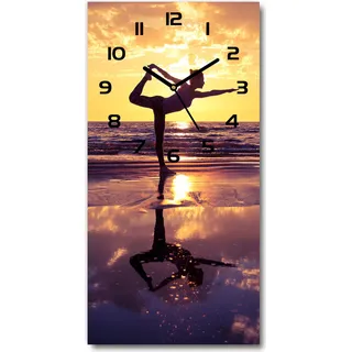 Wanduhr aus Glas – 30x60 cm - Glasbild - Glasuhr - Gehärtetes Glas -Yoga am Strand - Gelb