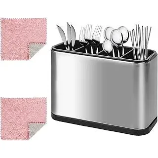 4 Fächer Besteckhalter, Küchenutensilienhalter mit 2 Putztuch für Küche Besteckkasten Caddy Halter Edelstahl Esszimmer Abtropfschale für Essstäbchen Messer Gabeln und Löffel