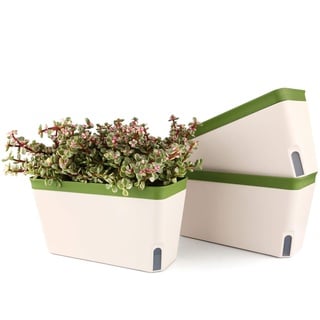 T4U 27cm Selbstwässernder Blumenkasten Kräutertopf mit ERD-Bewässerungs-System Grün 3er-Set Kunststoff Blumentopf Pflanzgefäß Rechteck für Küche Balkon Fensterbank