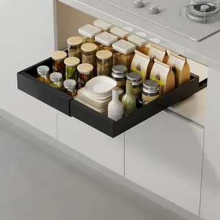 Teleskopschublade, Ausziehbare Schubladen Organizer KüChe, Kohlenstoffstahl KüChenorganizer, Pull Out Cabinet Organizer, Ausziehbarer Schrank Organizer für KüChenschräNke, 32-52cm B x 42cm T x 7.5cm H