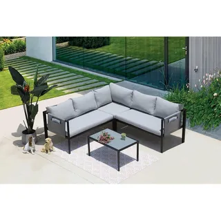 Livetastic Loungegarnitur , Grau, Schwarz , Metall, Kunststoff, Glas , L-Form , wetterfest, Tisch mit Glasplatte , Gartenmöbel, Loungemöbel, Loungegarnituren