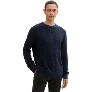 Rundhalspullover TOM TAILOR, Herren, Gr. M, blau (sky captain blau), Strick, Obermaterial: 60% Baumwolle, 40% Polyacryl, unifarben, regular fit Po-bedeckend, Rundhals, Rippbündchen, Pullover Rundhalspullover, mit Zopfmuster