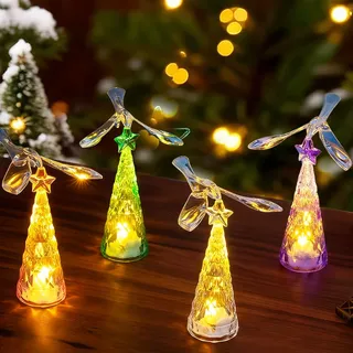 4 Stück Kristall Weihnachtsbaum mit LED Beleuchtung, Weihnachtsdeko Led Mini Weihnachtsbaum Elektrische Teelichter, Kristall Weihnachtsbaum mit Rotierender Vogel,Kleiner Weihnachtsbaum Lampe Tischdeko