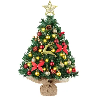 Mini Weihnachtsbaum mit Lichtern, 61CM Tischplattenbaum mit Topper | Grün kleiner Baum, Tischbaum mit Ornamenten, künstlicher Weihnachtsbaum für Home Desktop Party Indoor Weihnachtsdekoration