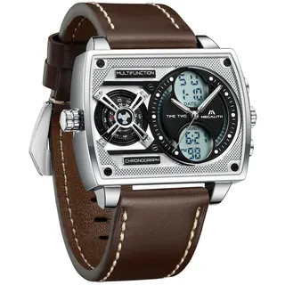 MEGALITH Herren Uhren Multi-Zeitzone Armbanduhr: Lederarmband Braun Große Quadratische Ziffernblatt - Digital Analog Quarz Uhr fur Männer