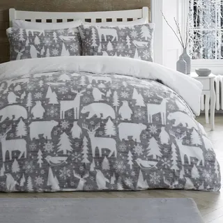 Fusion Teddy-Fleece-Bettbezug, Motiv: Arktische Tiere, Einzelbettgröße (140 x 200 cm), 1 x Kissenbezug, Motiv: Eisbär, Hirsch und Pinguin, Weihnachtsdekoration