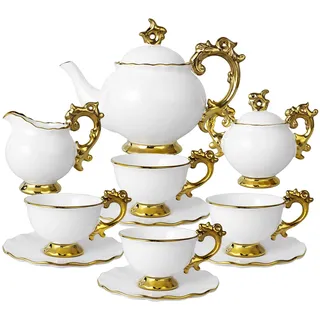 fanquare 15-Teilig Britisches Porzellan Teeservice, Königlich Geschenk Kaffeeservice Set, Weiße Teekanne, Zuckerschüssel, Tasse und Untertasse