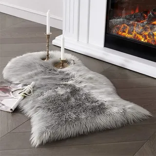JXLOULAN Faux Lammfell Schaffell Teppich Grau 50x80 cm, Weicher Flauschiger Teppich Wohnzimmer Deko, Longhair Fell Lammfellimitat Carpet für Stühle Sofa Schlafzimmer Kinderzimmer