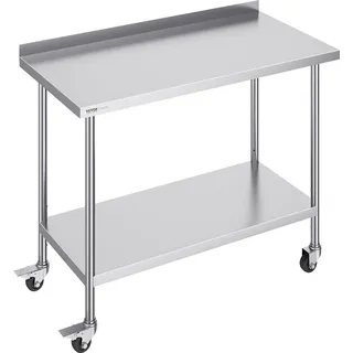 Vevor Edelstahl-Arbeitstisch, kommerzieller Lebensmittelzubereitungs-Arbeitstisch mit Rollen, Vorbereitungs-Arbeitstisch, mit einstellbarer Höhe für Restaurant, Hotel usw. 610 x 1219 x 1005,6 mm