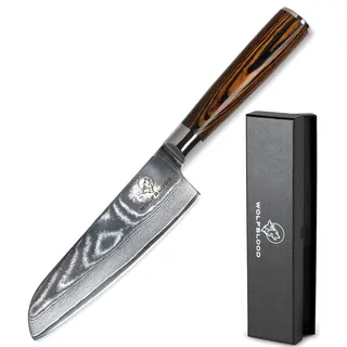 Wolfblood Damastmesser Santoku Messer L(24cm) TÜV geprüfter 62 HRC Damaststahl aus 67 Lagen I Damast-Küchenmesser Santokumesser mit Holzgriff Geschenkbox und Klingenschutz