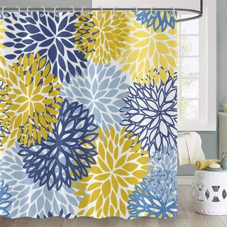 Hnmdmyi Duschvorhang Dahlia Pinnata Blumen 180x200, Blau Gelb Floral Duschvorhänge Abstrakt Modern Chic Einfach Kunst Badewanne Vorhang Wasserdicht Polyester Stoff Waschbar Badevorhang mit Haken