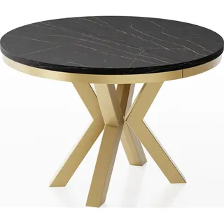 WFL Group Esstisch Clara Gold runder ausziehbarer, Marmor Schwarz 100-180/100/76 cm , Holzwerkstoff , Rund,Rund , 100x76x100 cm , Esszimmer, Esstische
