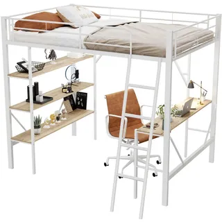 Okwish Hochbett 90/200 cm Weiß Metallbett mit Schreibtisch und Ablagen , Holzwerkstoff , 90x200 cm , Babymöbel & Kindermöbel, Kinderzimmer & Jugendzimmer, Kinderbetten, Hochbetten