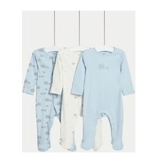 Boys M&S Collection 3pk Pure Cotton Elephant Print Sleepsuits (0-3 Yrs) - Ice Blue, Ice Blue - 2-3Y