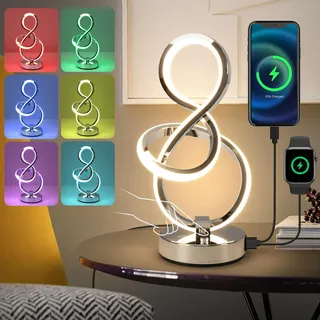 EIDEARAY RGB Nachttischlampe LED,Touch Control Dimmbare Lampe mit 6 Farbwechsel und 3 Stufen Warmweiß, Moderne Tischleuchte mit USB Anschlüssen, Nachtlicht für Schlafzimmer, Büro, Wohnzimmer(Silber)