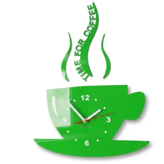 FLEXISTYLE Tasse Time for Coffee (Zeit für Kaffee) Moderne Küche Wanduhr grün, 3D römisch, wanduhr deko, 32 x 19 cm