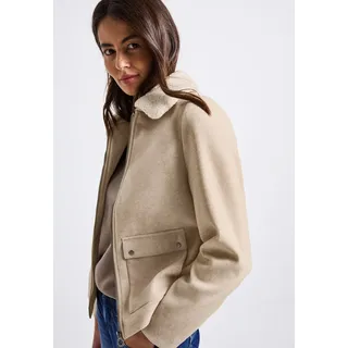 Kurzjacke STREET ONE, Damen, Gr. 42, beige (soft sand meliert), Web, Obermaterial: 90% Polyester, 10% Viskose. Futter: 100% Polyester, bequem hüftlang, ohne Bündchen, Jacken Kurzjacke, Abnehmbarer Kragenbesatz