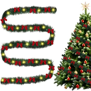 Weihnachtsgirlande mit Beleuchtung Schleifen,Künstliche Girlande Weihnachten Beleuchtet Tannengirlande mit Beleuchtung Weihnachtsdeko Girlande mit Weihnachtsschleife für Außen Innen (Rot, 10m)