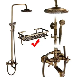 Antikes Messing-Duscharmatur-Set, Warm- und Kaltwasserhähne, Elegante gebürstete Oberfläche, Band B mit Regal