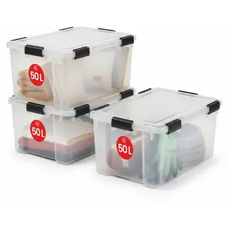 Iris Ohyama Luftdichte Kunststoff-Aufbewahrungsboxen mit Deckel, 50L, 3er-Set, Transparent, Hermetischer wasserdichter Verschluss, Robuste Schnappverschlüsse, Stapelbar, Staubschutz, BPA-frei, AT-L