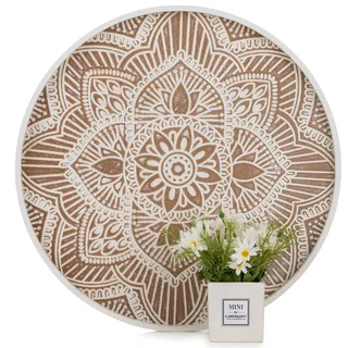 Hanobe Holztablett Deko Tablett Rund: Vintage Dekotablett Weiss 45cm Rustikal Serviertablett Holz Klein Rundes Kerzen Tabletts Shabby Chic Kleines Kerzentablett Runde für Teelicht Küche Tisch