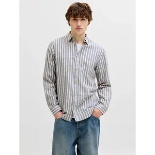 Langarmhemd JACK & JONES "JJESUMMER LINEN BLEND SHIRT L/S SN", Herren, Gr. L, N-Gr, vetiver stripes:stripes, Web, Obermaterial: 70% Baumwolle, 30% Leinen, gestreift, normal normal, Hemden Langarmhemd, Baumwollmischung, regular fit