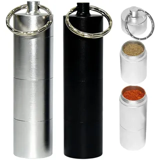 2 Stück Pillendose Schlüsselanhänger,Mini Salzstreuer Für Unterwegs,Salzstreuer Schlüsselanhänger,Kleine Gewürzgläser Set Wasserdichte,Wasserdichter Pillenhalter,Für Camping Picknick Bbq Reise