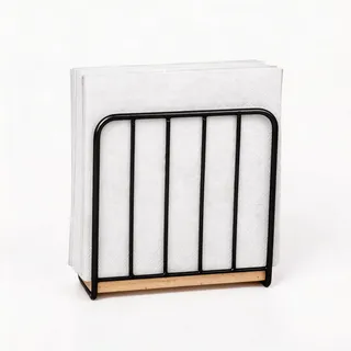 HILLSPRING Serviettenhalter Schwarz aus Metall mit Massivholzsockel – Moderner Serviettenständer im minimalistischen Design für Küche, Esstisch, Café und Restaurant