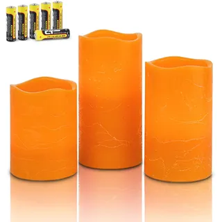 Rhytsing 3er LED Flammenlose Kerzen Orange Rustikales Design, Batteriebetriebene Wachskerzen Timer-Funktion für Herbst, Halloween und Thanksgiving, 6 AA Batterien enthalten - H 10/12,5/15 cm