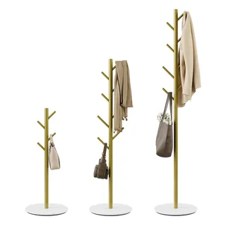 Garderobenständer, Garderobenbaum mit 8 Haken - 3-fach höhenverstellbar - Moderner Kleiderständer aus Metall mit Sinterstein-Basis für Büro & Schlafzimmer - Ideal für Mäntel, Hüte und Taschen, Gold